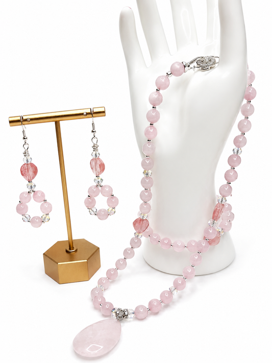 Rose Quartz & Cherry Quartz Waterdrop Jewelry Set