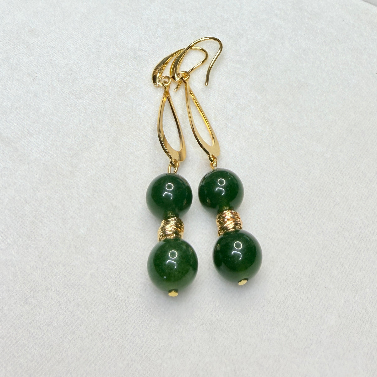 Green Nephrite & Gold Teardrop Dangle Earrings