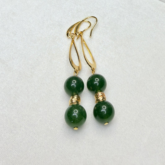 Green Nephrite & Gold Teardrop Dangle Earrings