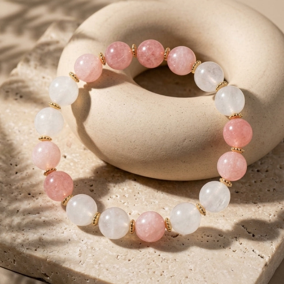 Glow & Grace – Strawberry Quartz and Milky Quartz Bracelet