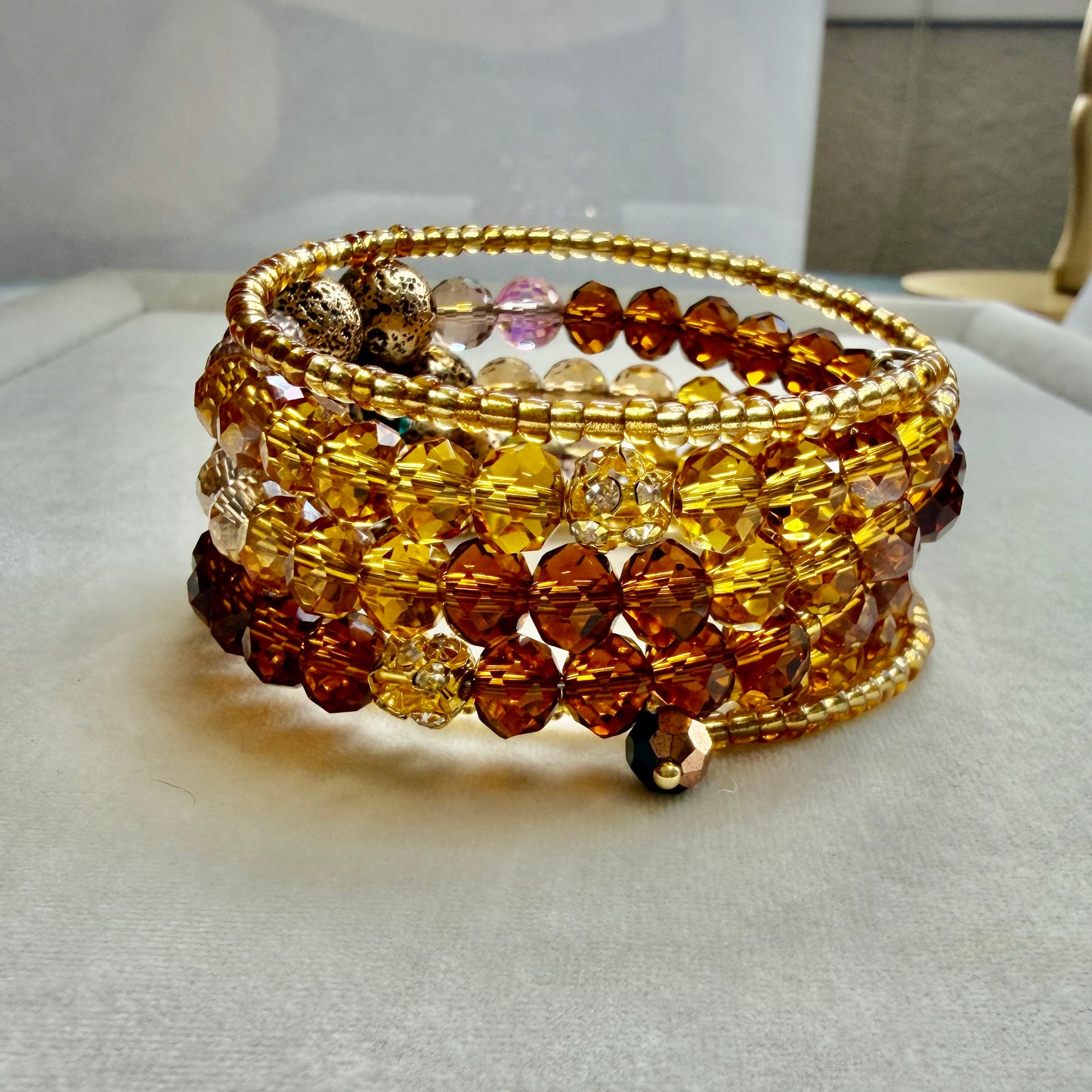 Golden Amber Memory Wire Bracelet with Antique Bronze Lava Flower