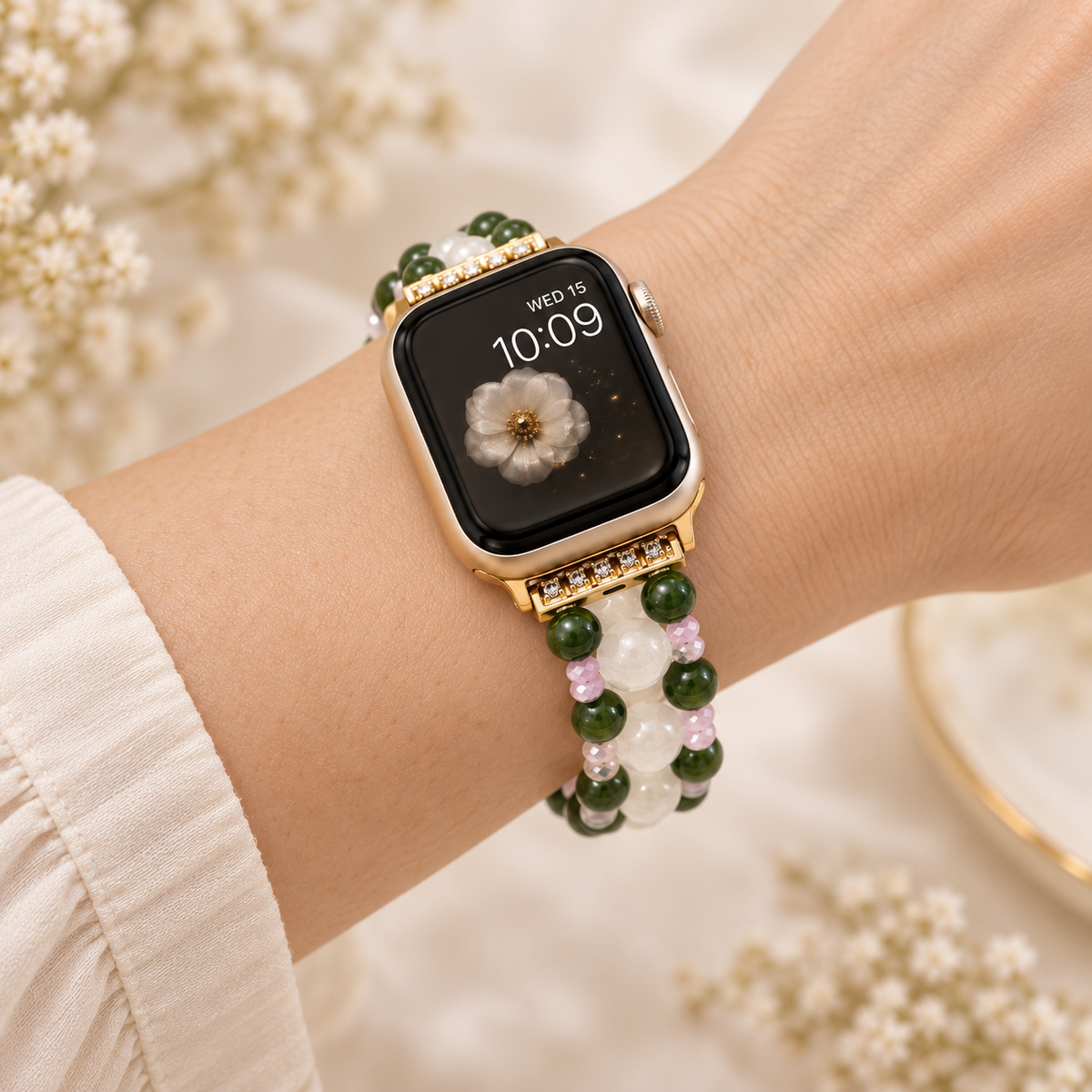 Milky Quartz, Green Jade & Pink Quartz Elastic Apple Watch Band