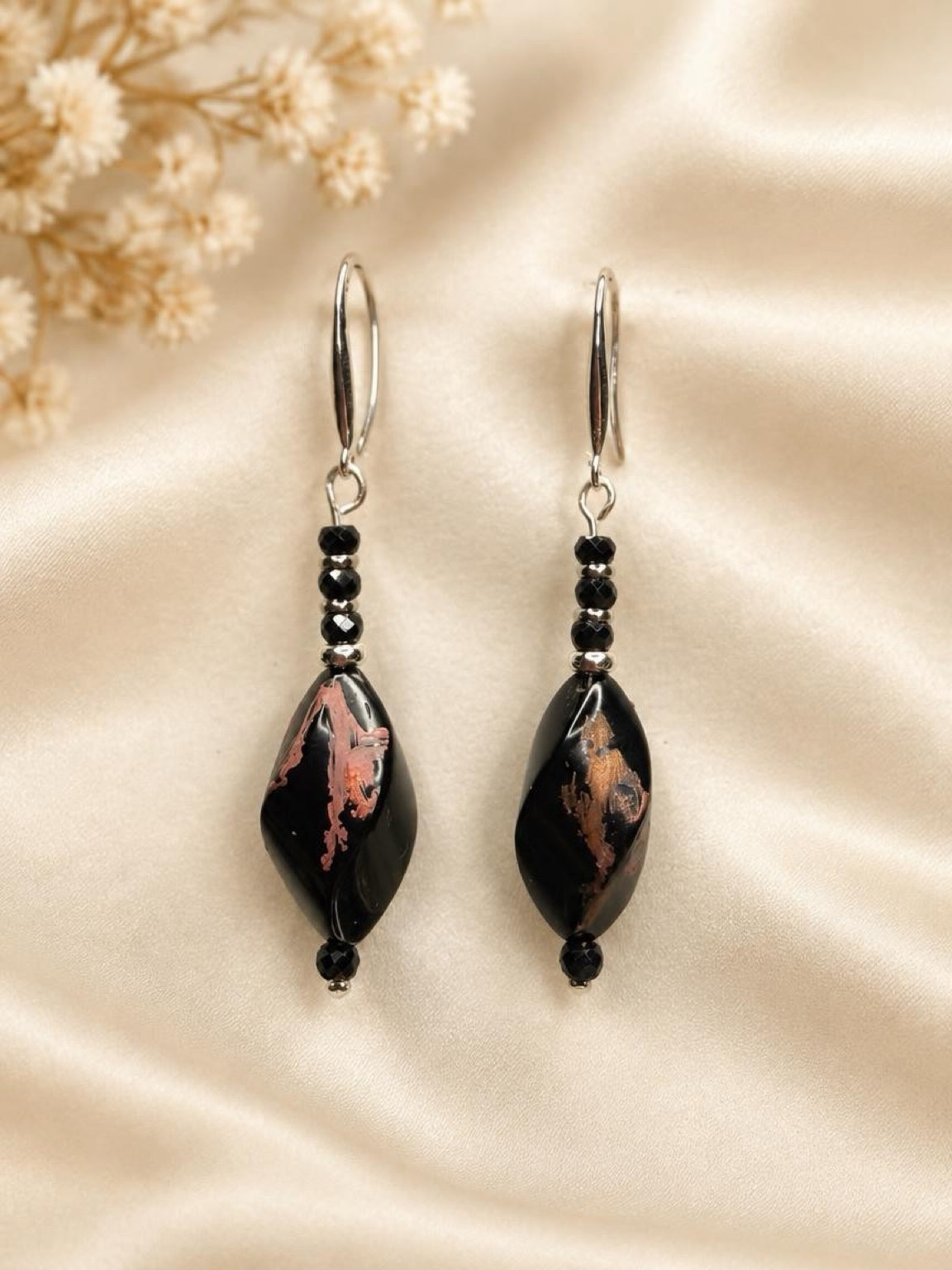 Black Agate Elegance – 925 Sterling Silver Dangle Earrings