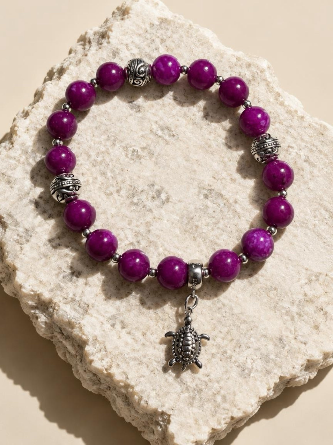 Sugilite Jade 8 mm Turtle Charm Bracelet | 925 Sterling Silver