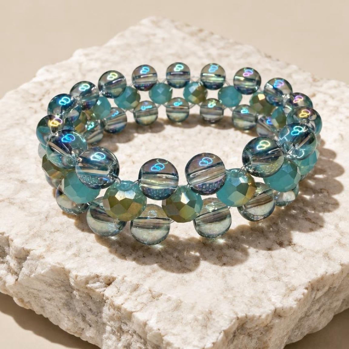 Iridescent Electroplated Glass Bead Bracelet | 8mm Aqua Crystal Stretch Bracelet