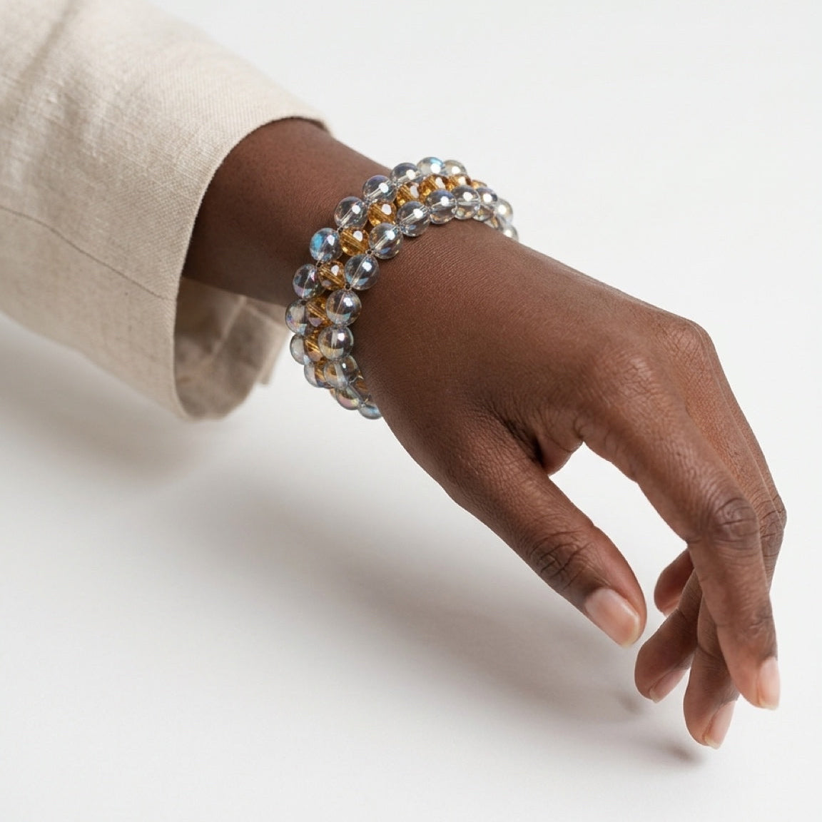 Iridescent Electroplated Glass Bead Bracelet | Champagne Gold Stretch Bracelet