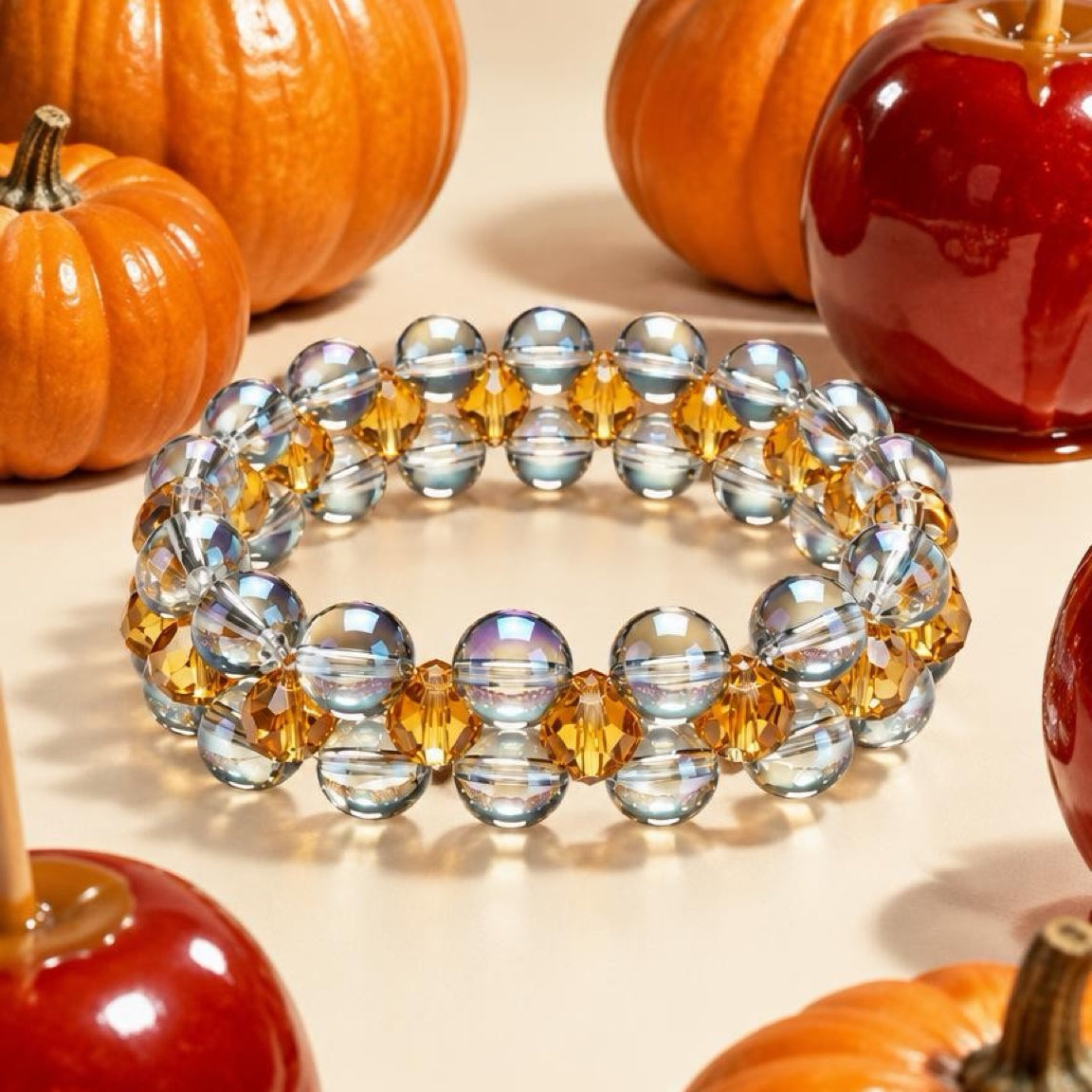 Iridescent Electroplated Glass Bead Bracelet | Champagne Gold Stretch Bracelet