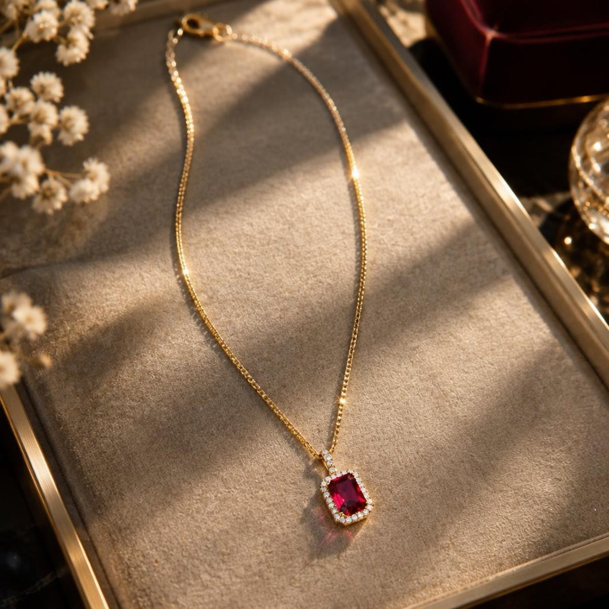 Ruby Red Crystal Pendant Necklace | 18K Gold Filled Brazilian Curb Chain