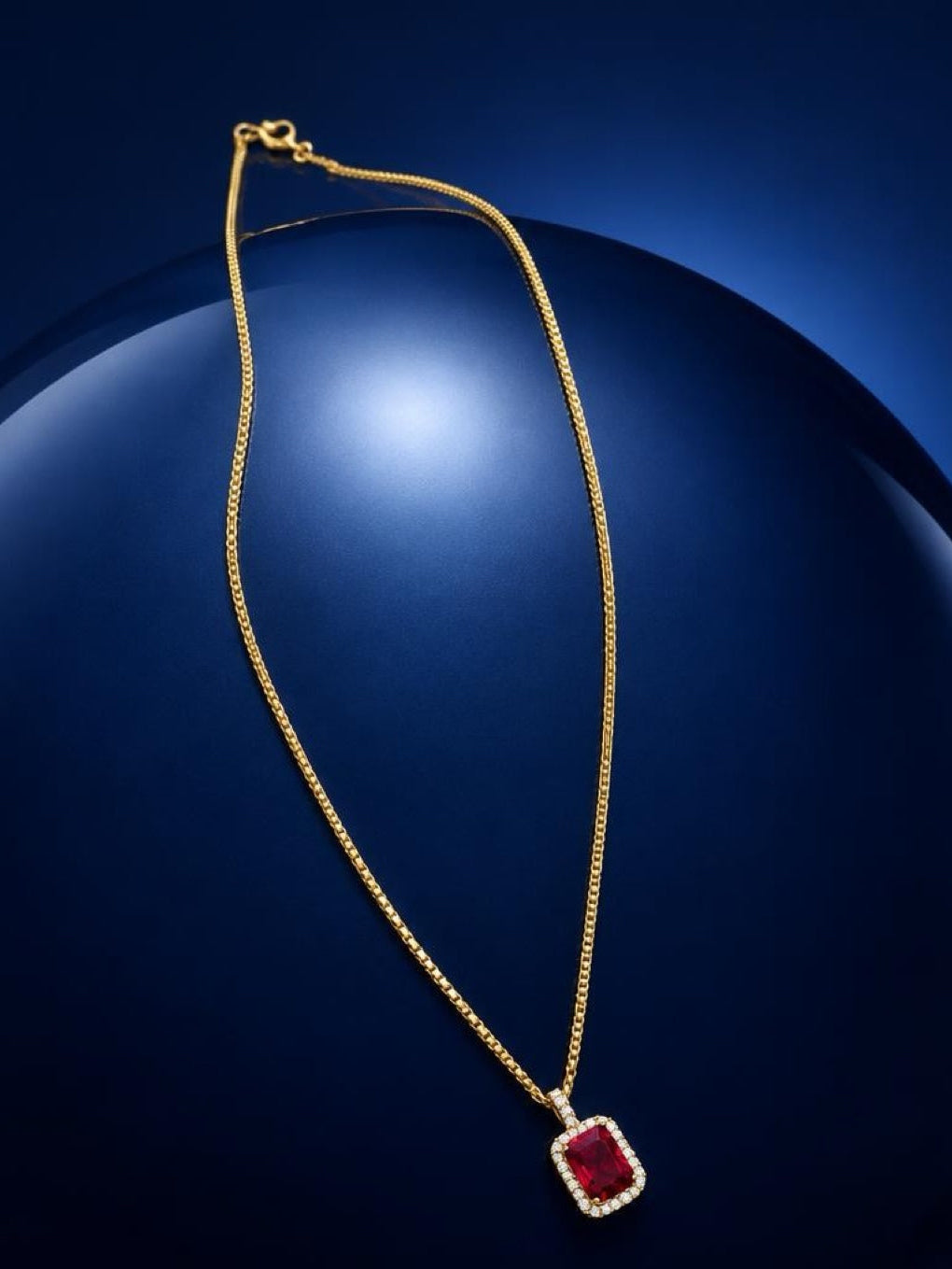 Ruby Red Crystal Pendant Necklace | 18K Gold Filled Brazilian Curb Chain