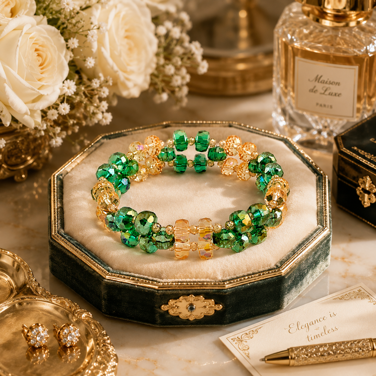 Emerald Sunrise 3-Layer Crystal Stretch Bracelet