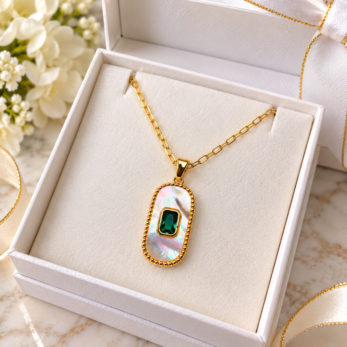 18K Gold Filled Mother of Pearl Necklace with Emerald Green CZ | 17 Inches
