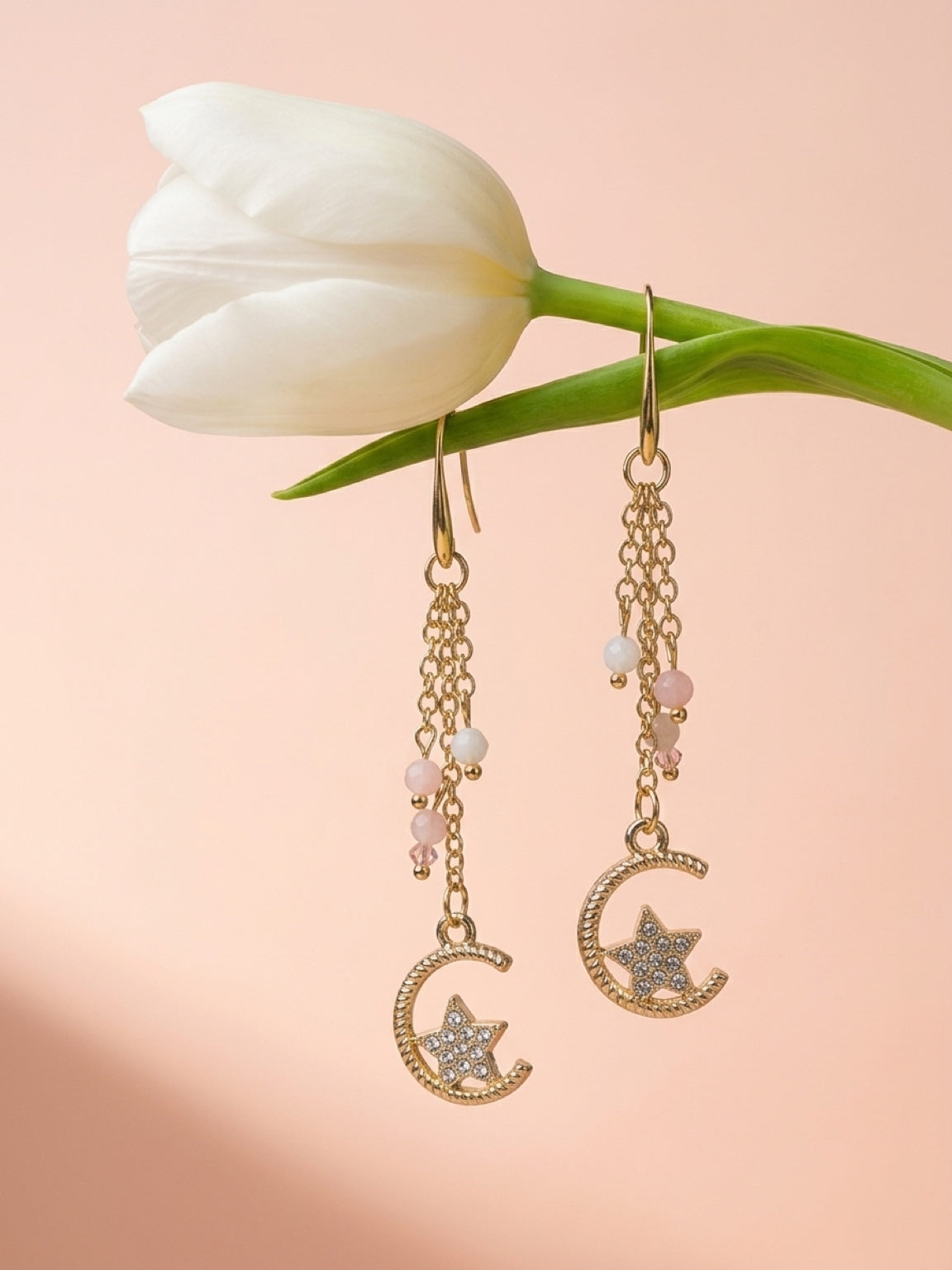 Pink Opal & White Quartz Moon & Star Dangle Earrings
