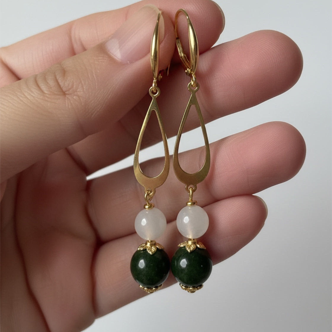 Green Jade & Milky Quartz Drop Earrings