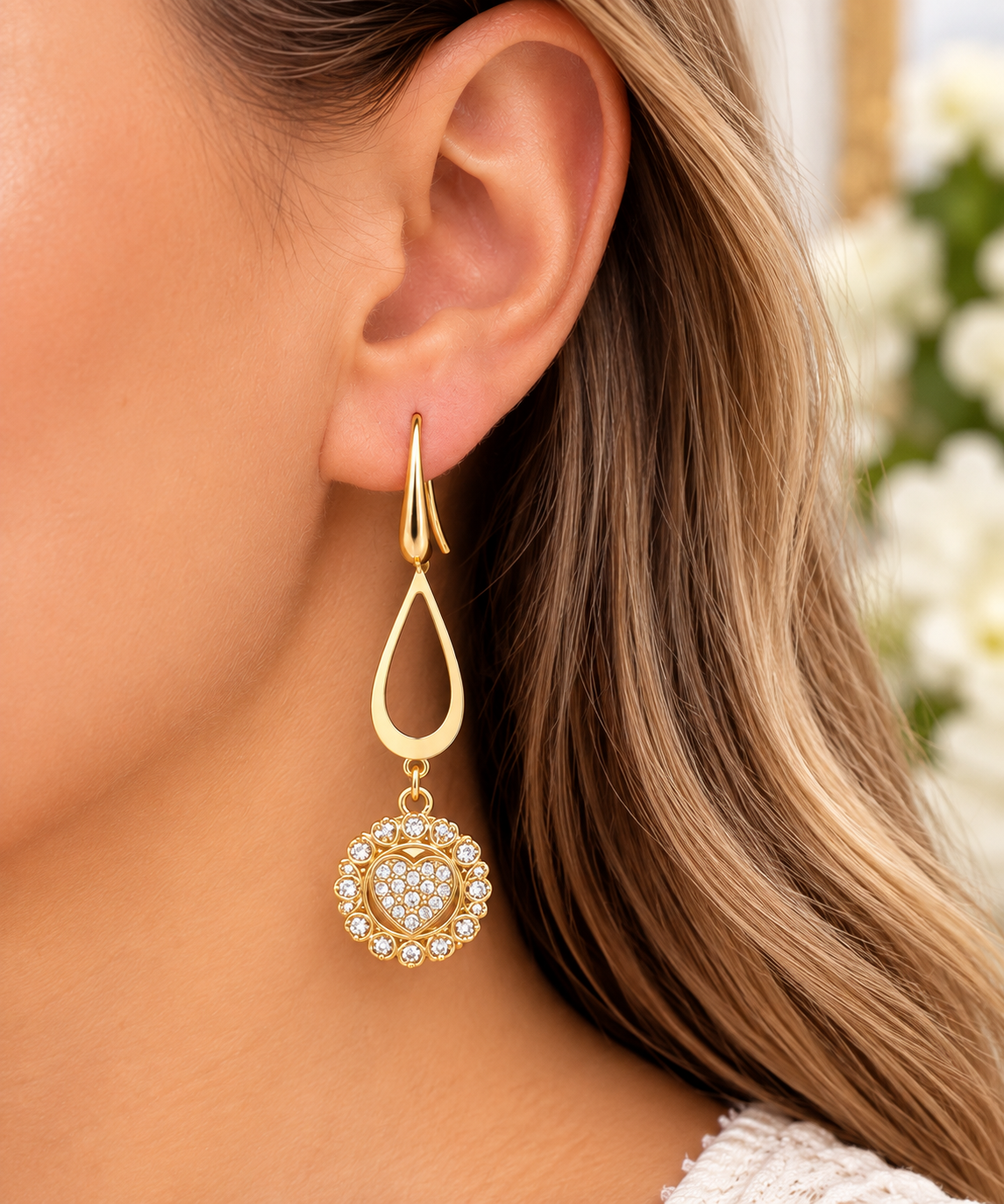Gold-Plated Crystal Heart Dangle Earrings