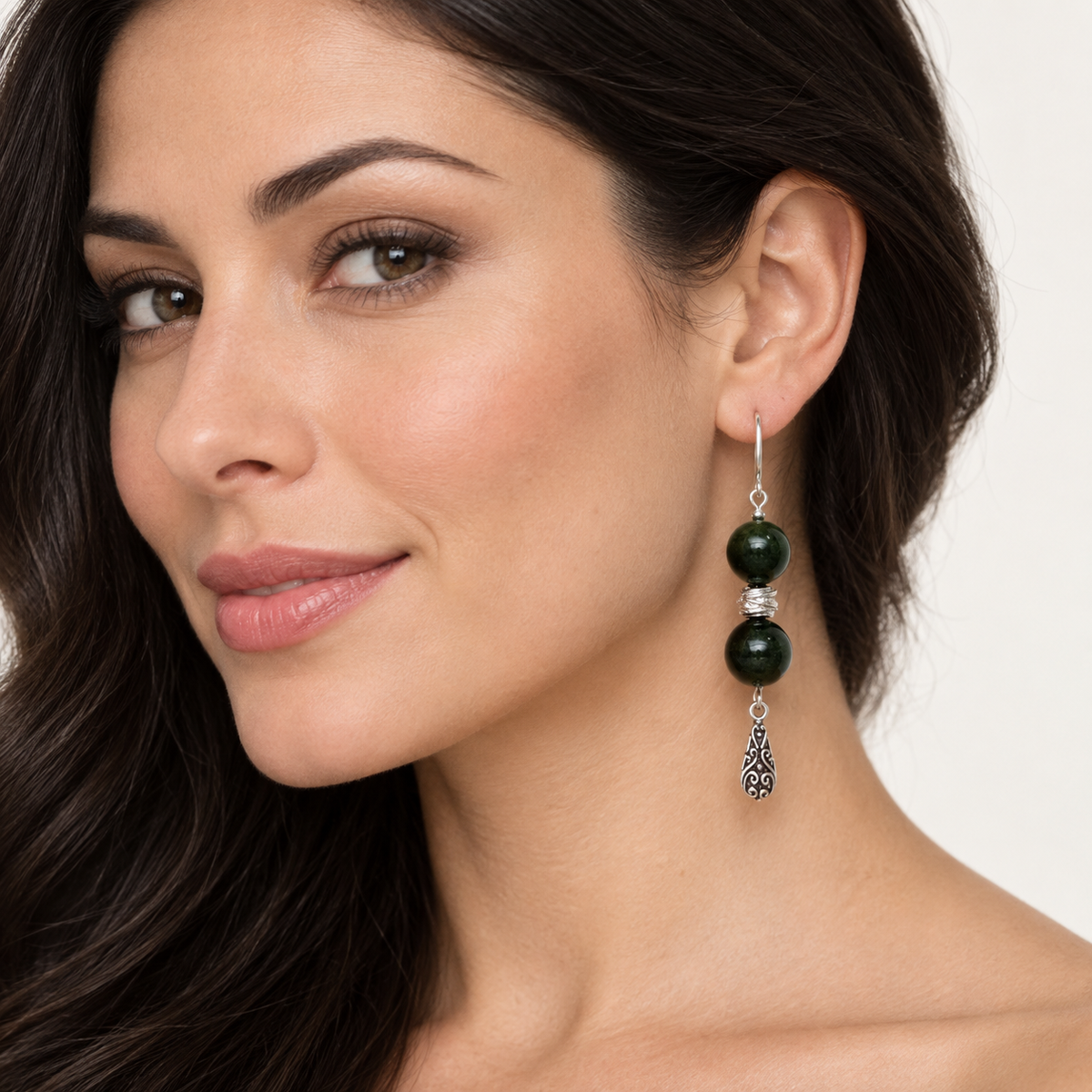 Green Nephrite Jade Silver-Plated Dangle Earrings