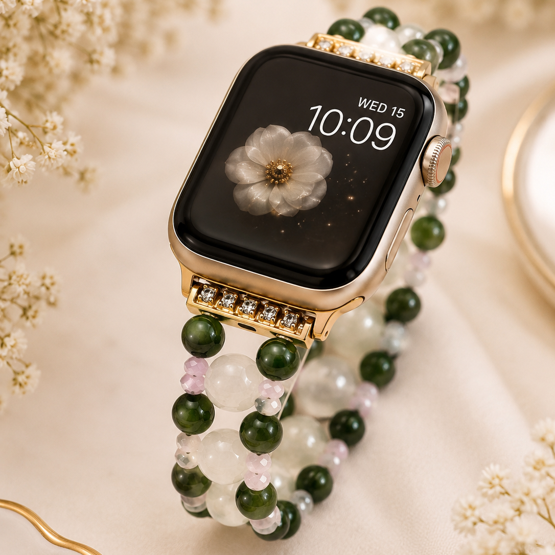 Milky Quartz, Green Jade & Pink Quartz Elastic Apple Watch Band