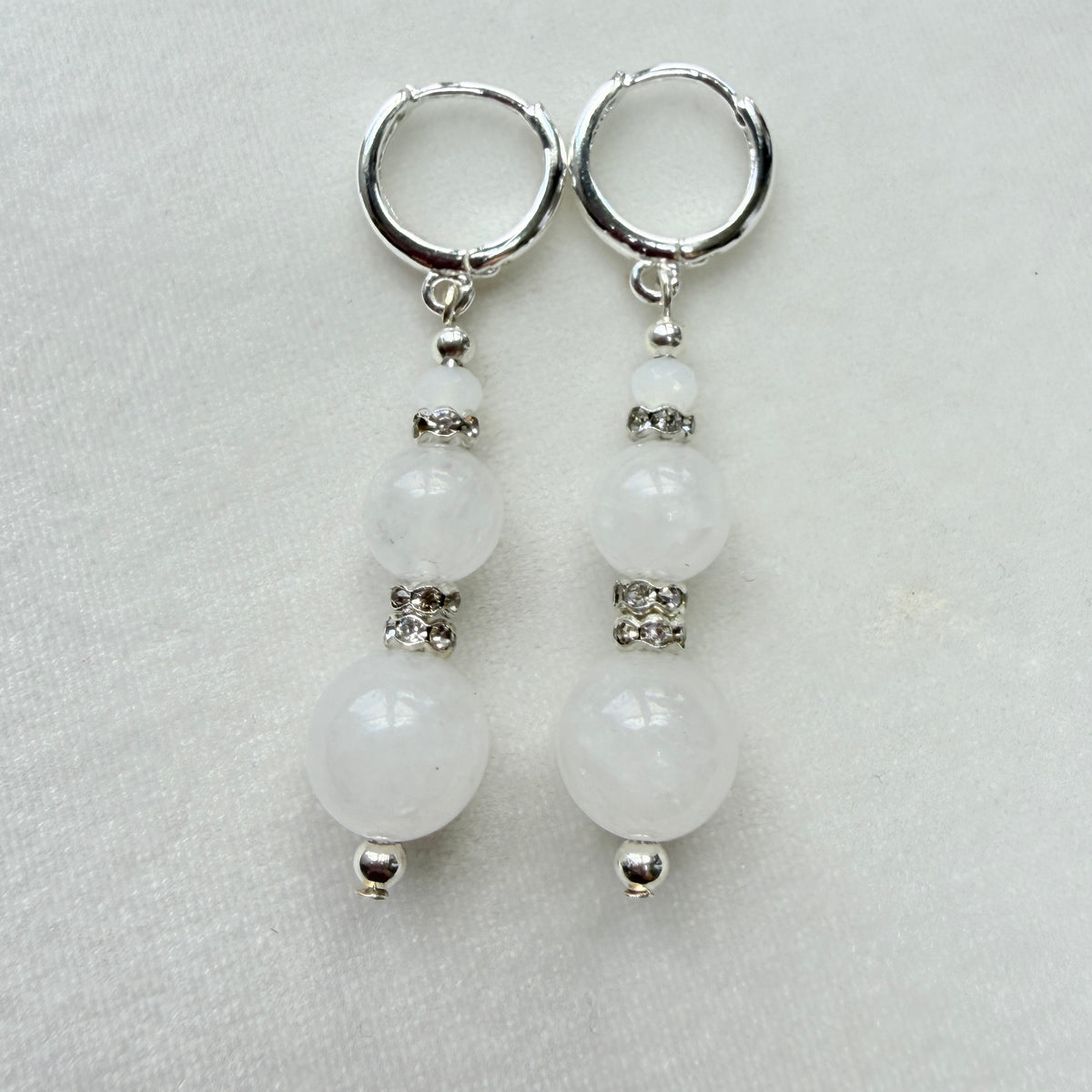 Milky Quartz Silver Sparkle Drop Hoop Earrings
