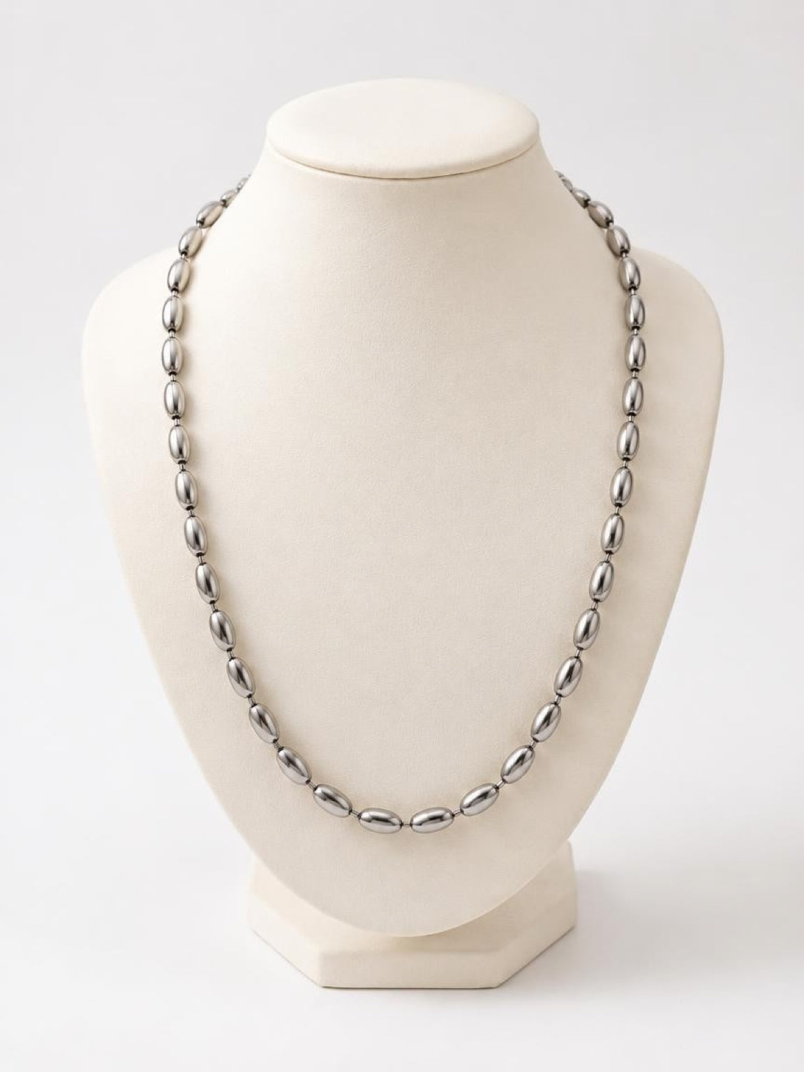 Elegant White Gold Over Brass Oval Bead Necklace – Adjustable Necklace
