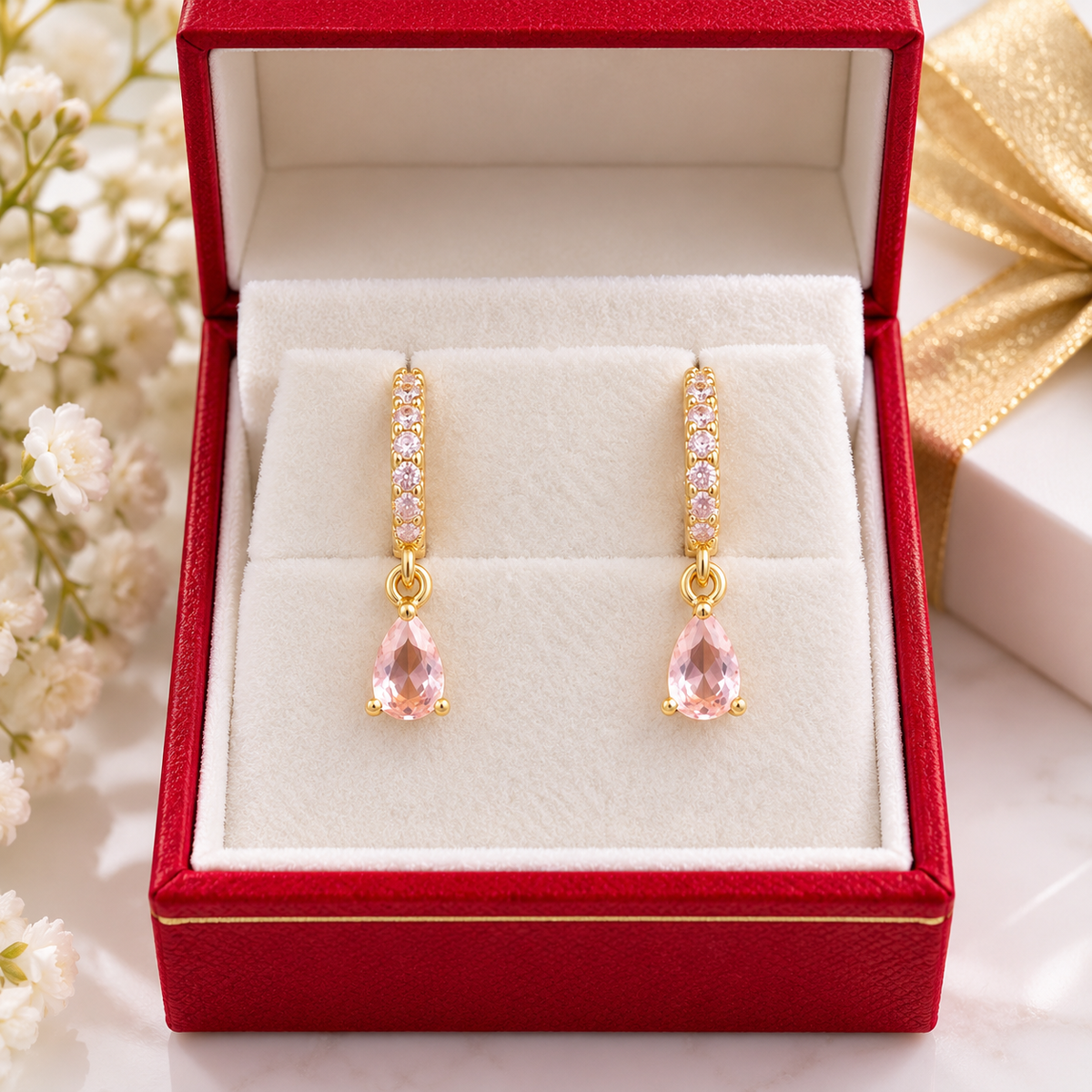 Title: Blush Pink Teardrop Huggie Earrings | 18K Gold-FilledDescriptionAdd a soft touch of elegance and sparkle to your jewelry collection with our Blush Pink Teardrop Huggie Earrings.Featuring delicate, sparkling pink cubic zirconia stones along the gold