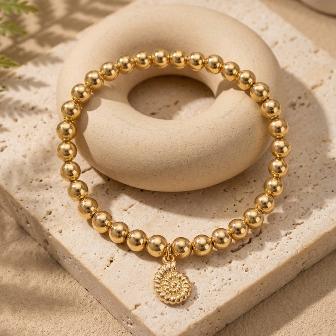 18K Gold-Filled 6mm Beaded Stretch Bracelet with Charm