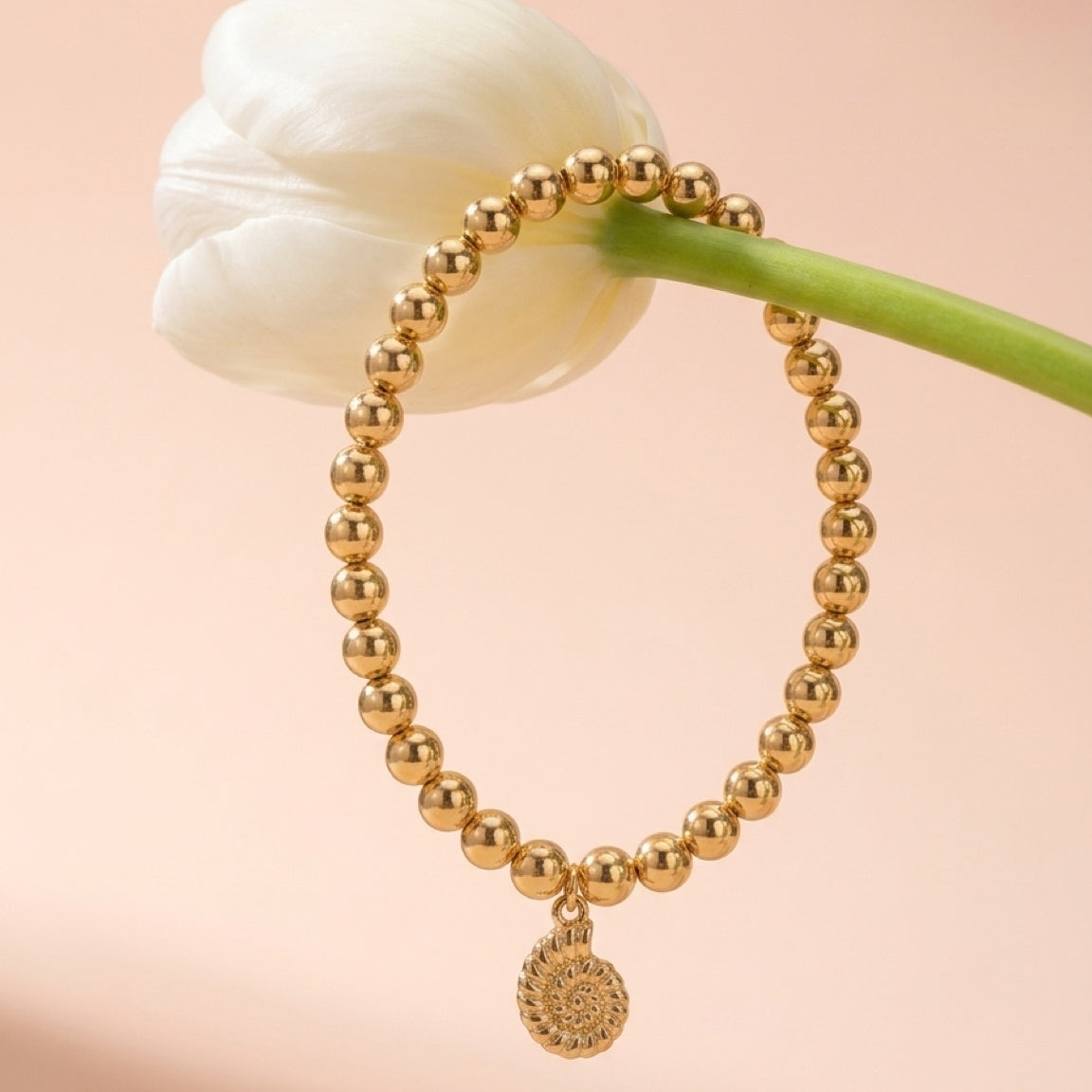 18K Gold-Filled 6mm Beaded Stretch Bracelet with Charm