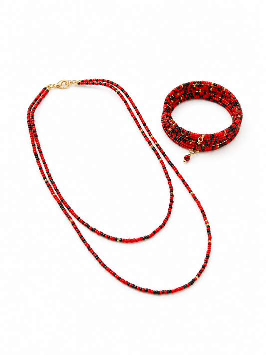Red & Black Seed Bead Necklace and Memory Wire Bracelet Set