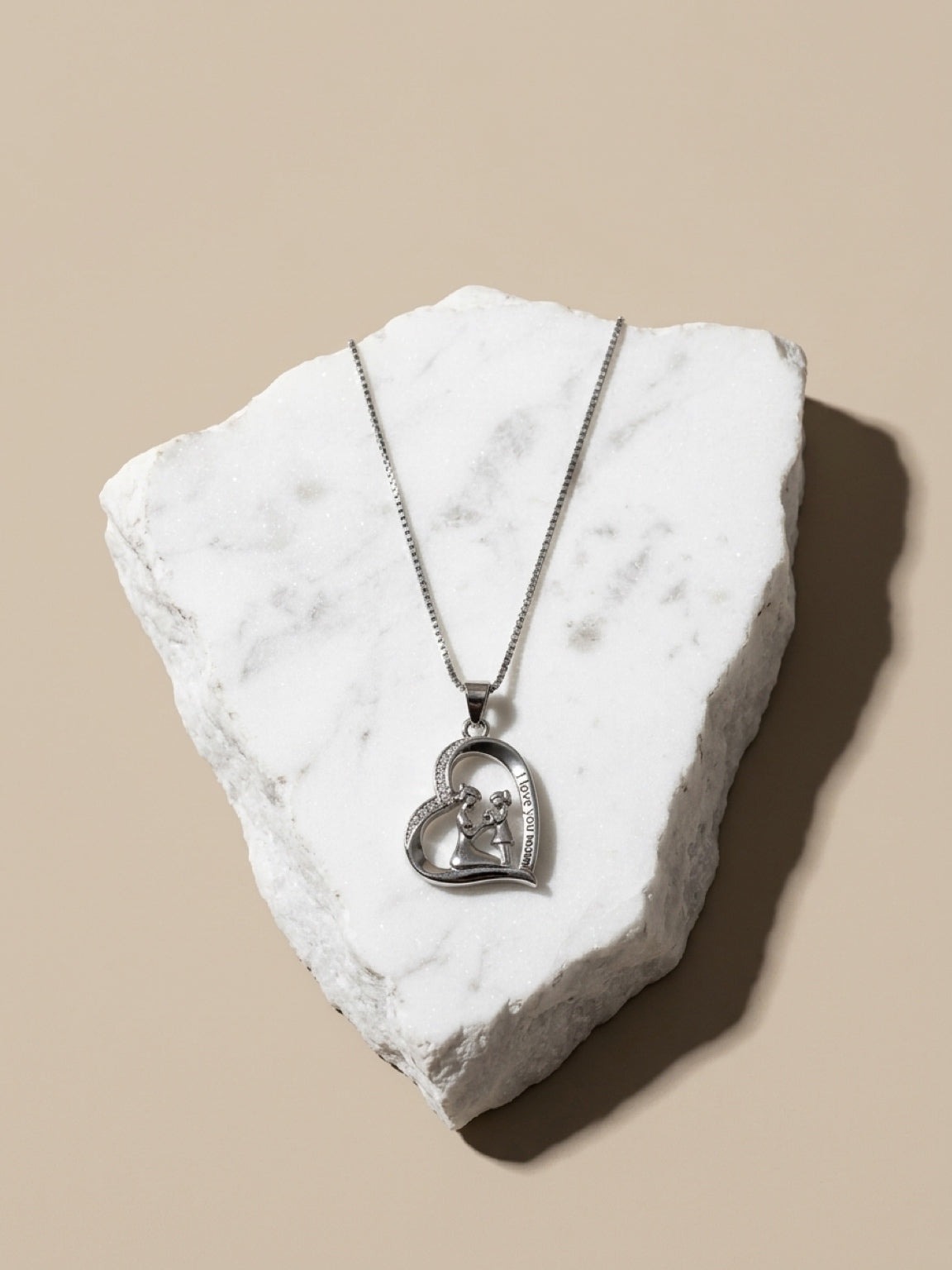 Forever in My Heart – Mother & Daughter Heart Pendant Necklace | White Gold Over Brass Chain