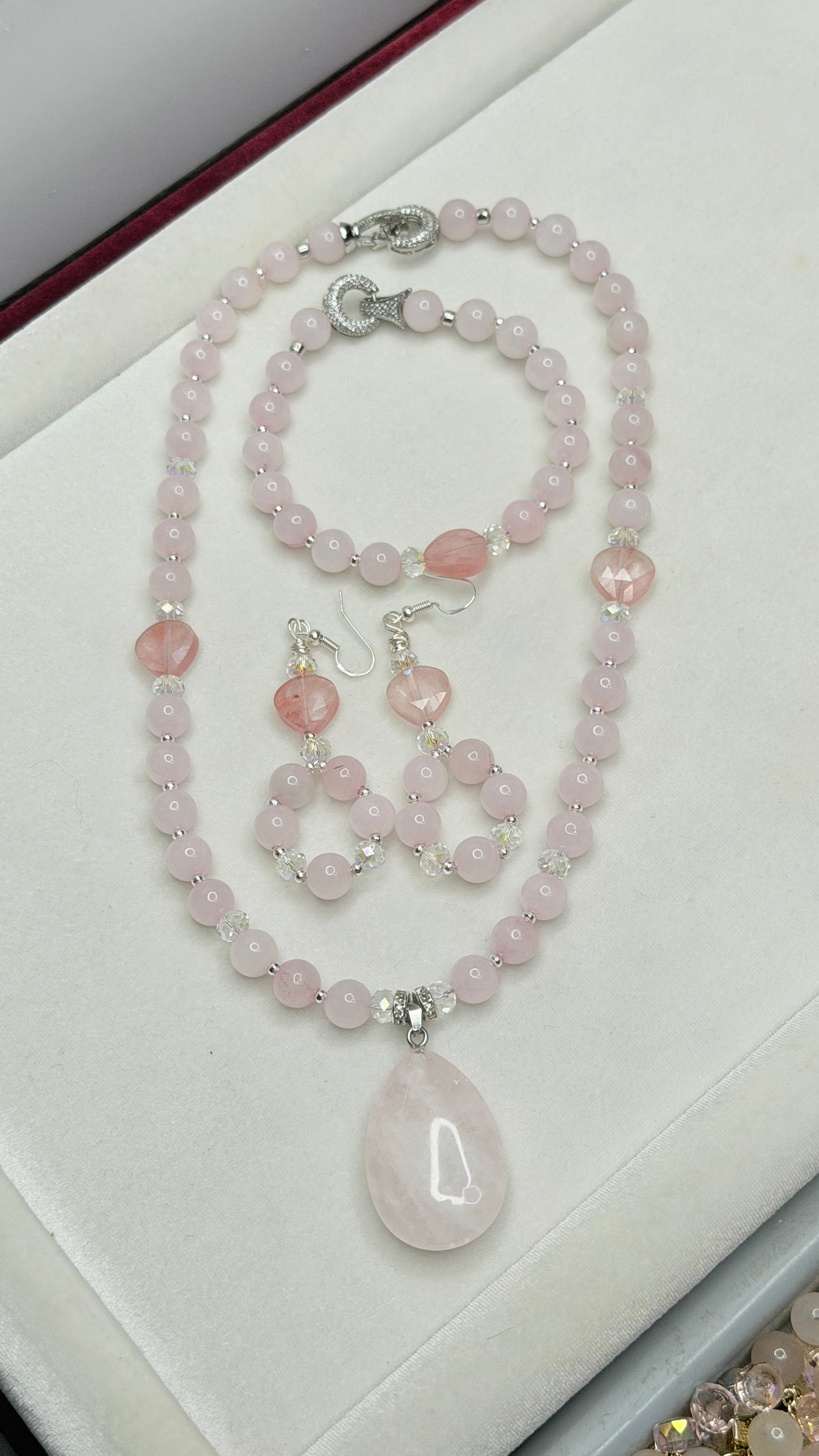 Rose Quartz & Cherry Quartz Waterdrop Jewelry Set