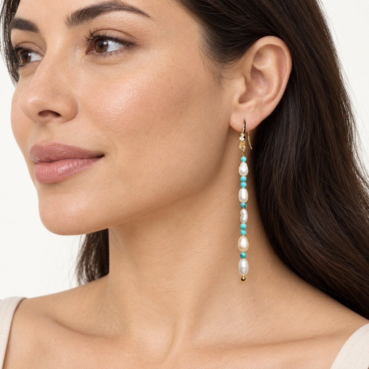 Freshwater Pearl & Green Turquoise Dangle Earrings