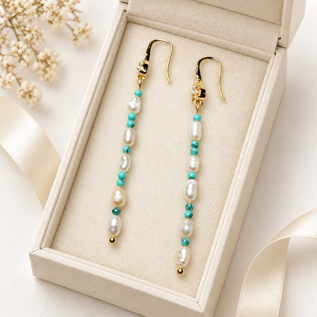 Freshwater Pearl & Green Turquoise Dangle Earrings