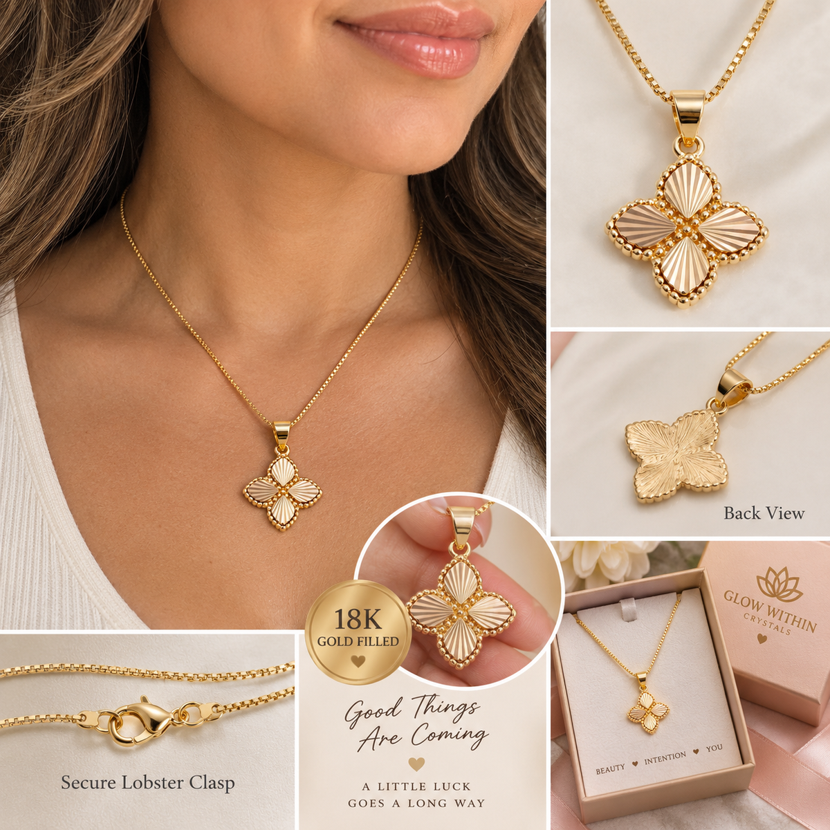 18K Gold Filled Four-Leaf Clover Necklace – 20” Lucky Clover Pendant