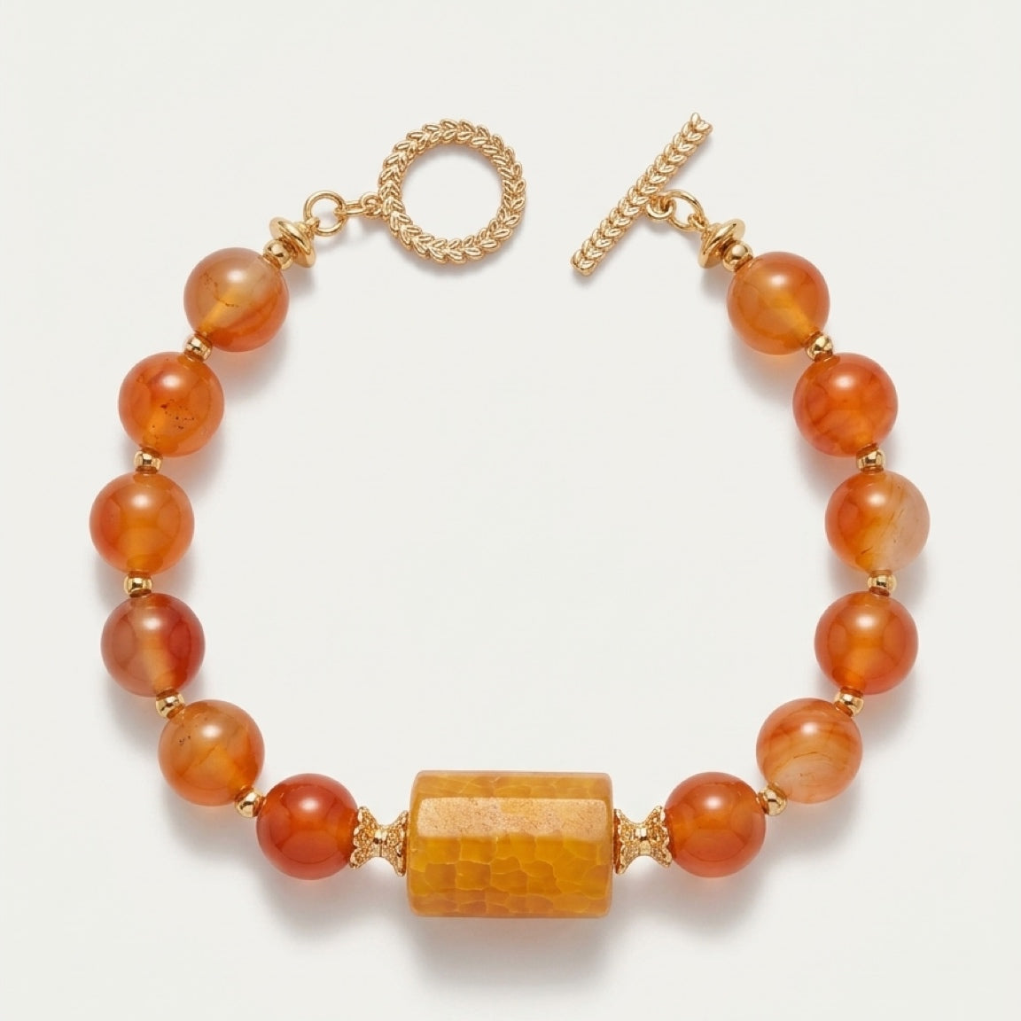 Inner Flame Carnelian Bracelet – 10mm Natural Gemstone Bracelet with Gold-Plated Toggle Clasp