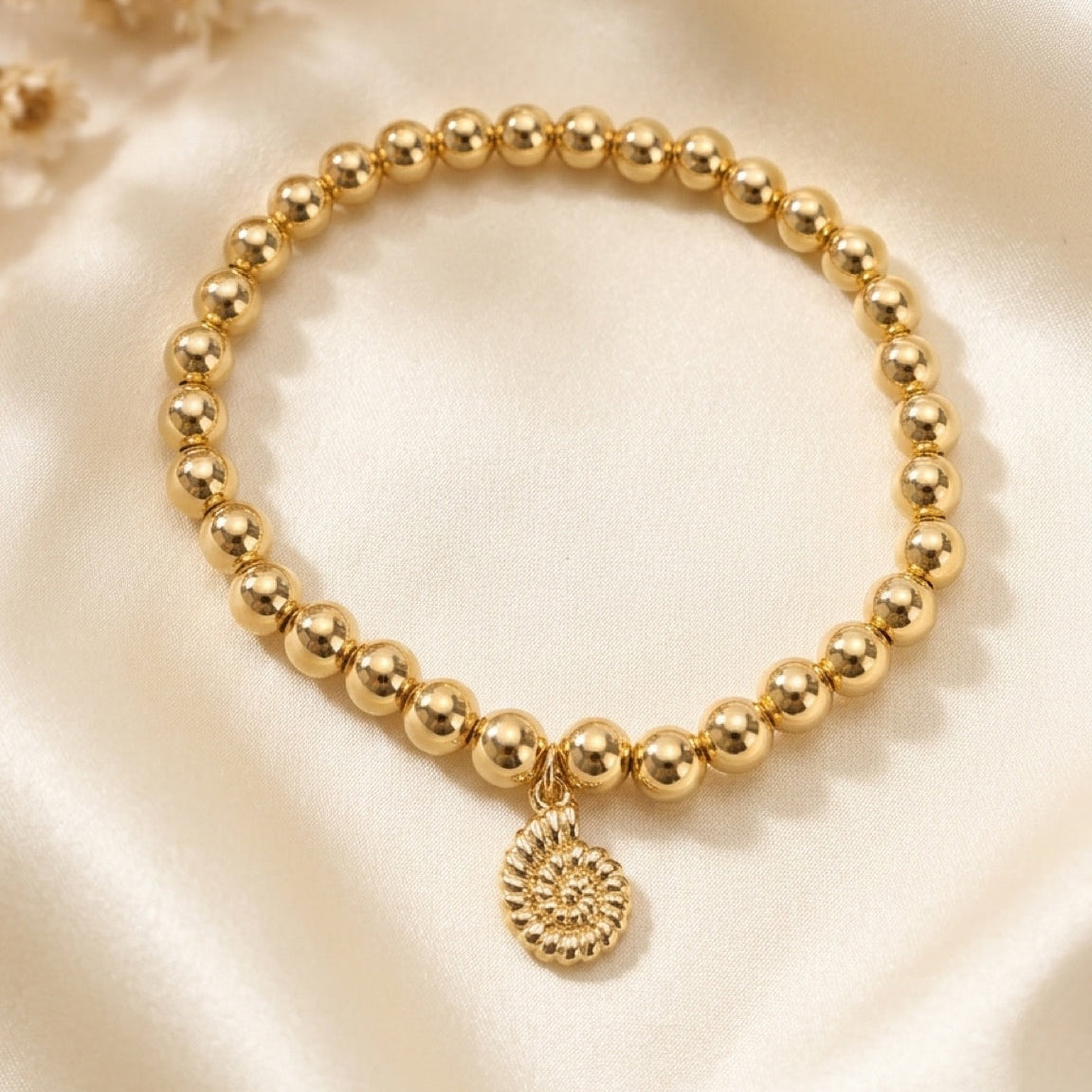 18K Gold-Filled 6mm Beaded Stretch Bracelet with Charm