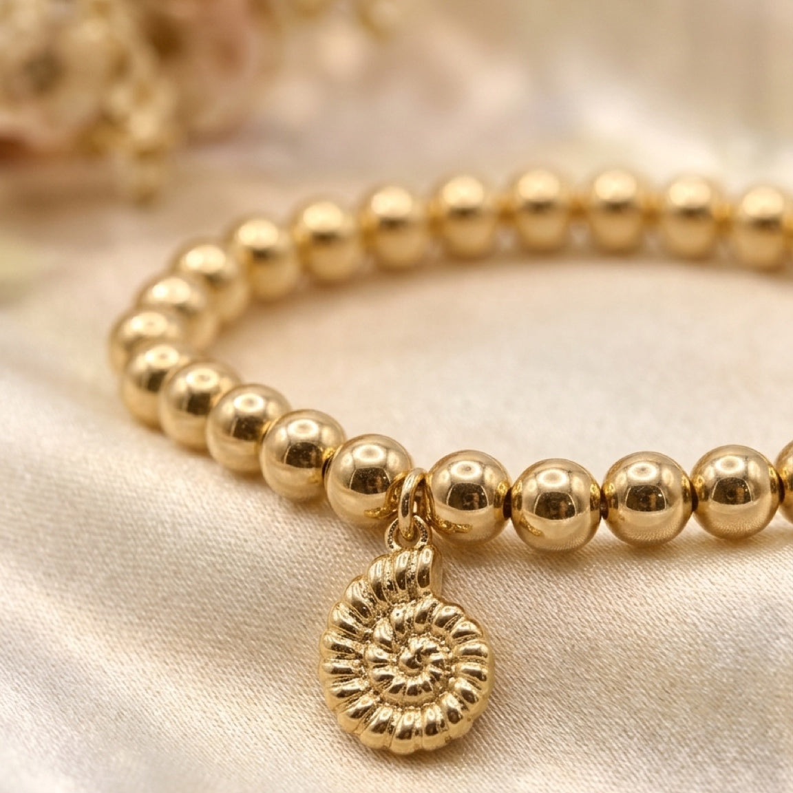 18K Gold-Filled 6mm Beaded Stretch Bracelet with Charm