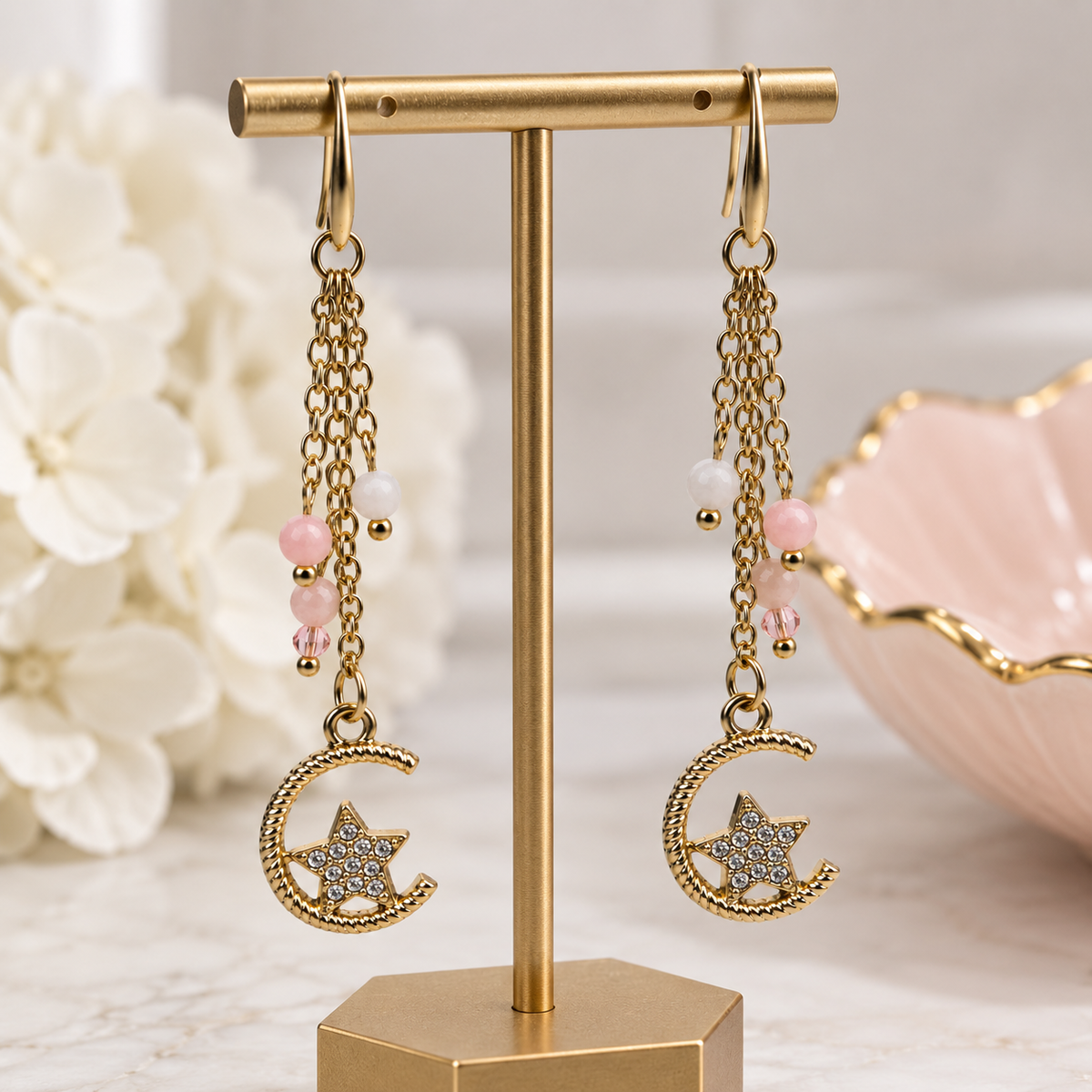 Pink Opal & White Quartz Moon & Star Dangle Earrings