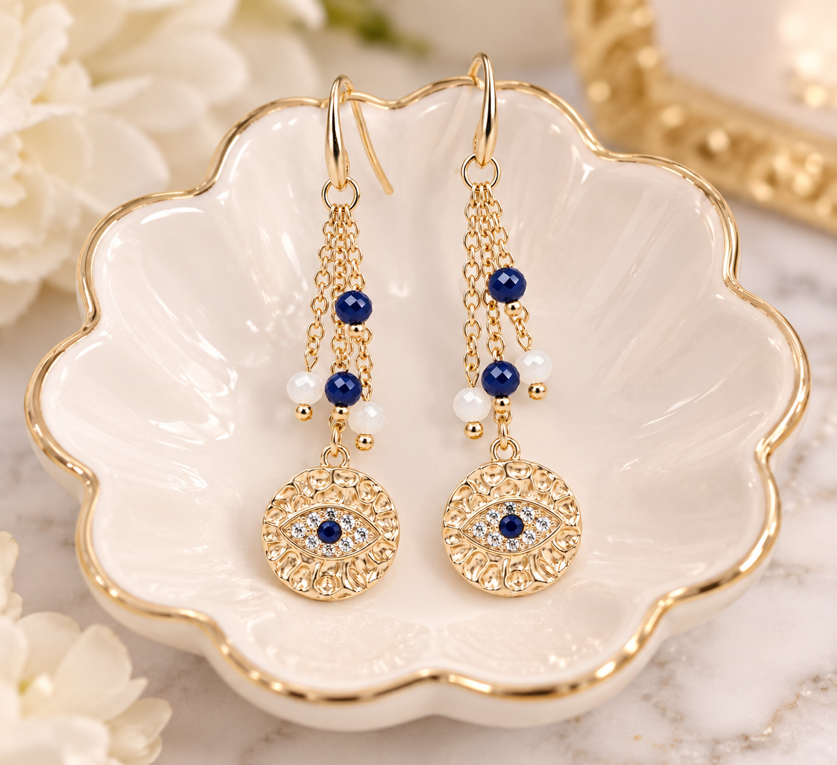Lapis Lazuli & Moonstone Evil Eye Dangle Earrings