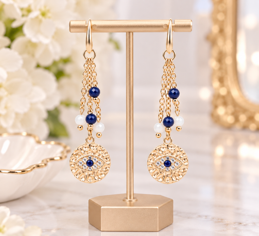 Lapis Lazuli & Moonstone Evil Eye Dangle Earrings