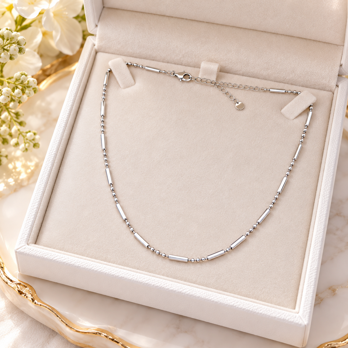 White Gold Tube Bead Necklace | Glow Within Crystals
