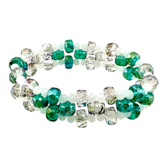 Emerald, White & Silver Three-Tier Crystal Stretch Bracelet