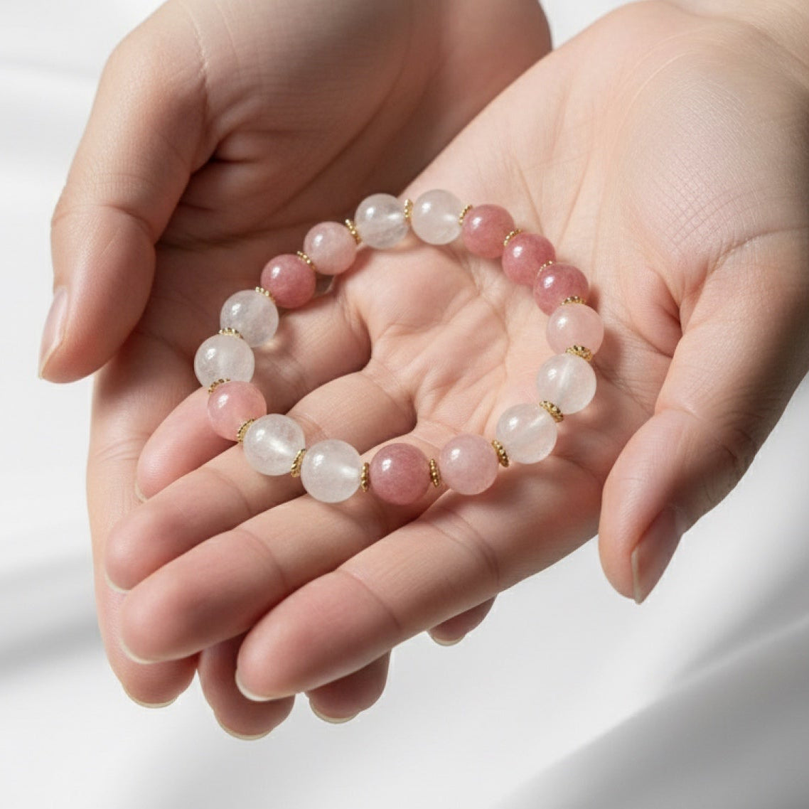 Glow & Grace – Strawberry Quartz and Milky Quartz Bracelet