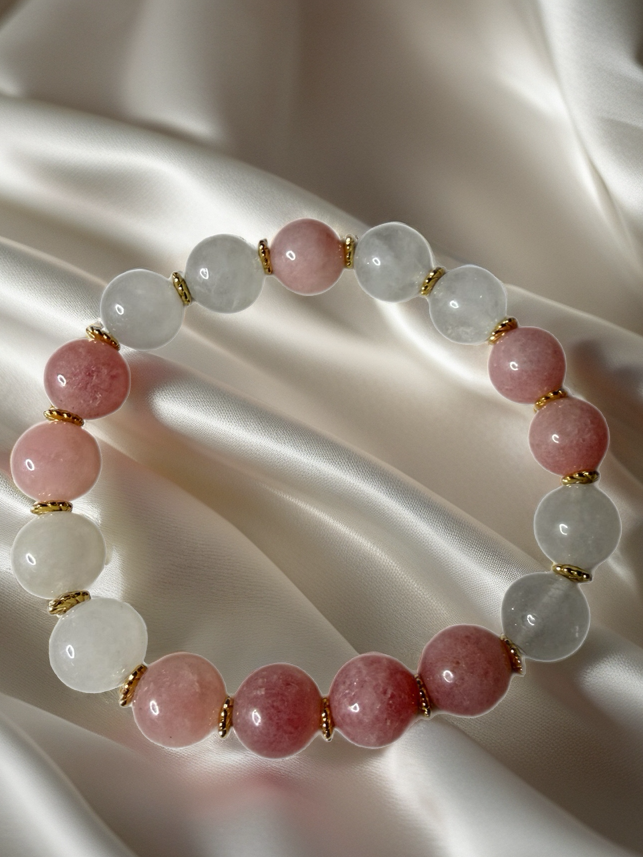 Glow & Grace – Strawberry Quartz and Milky Quartz Bracelet
