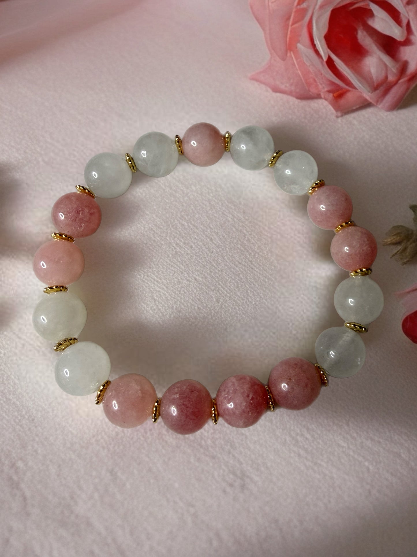 Glow & Grace – Strawberry Quartz and Milky Quartz Bracelet