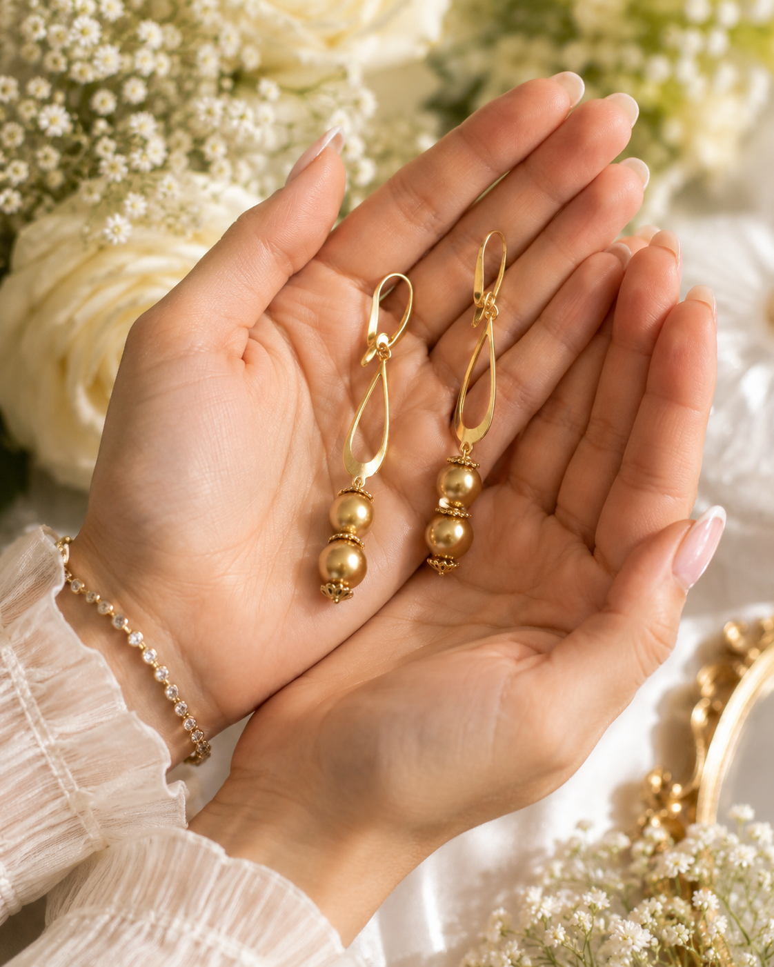 Golden Glow Swarovski Pearl Drop Earrings