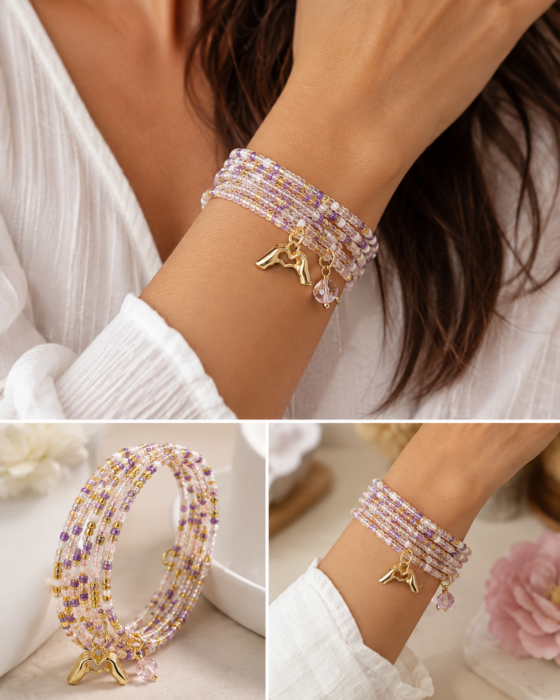 Lavender & Gold Seed Bead Memory Wire Bracelet