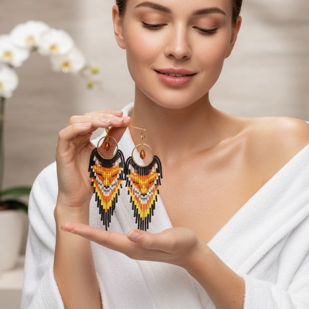 Golden Fox Beaded Fringe Earrings