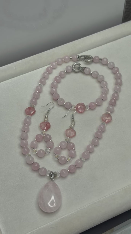 Rose Quartz & Cherry Quartz Waterdrop Jewelry Set